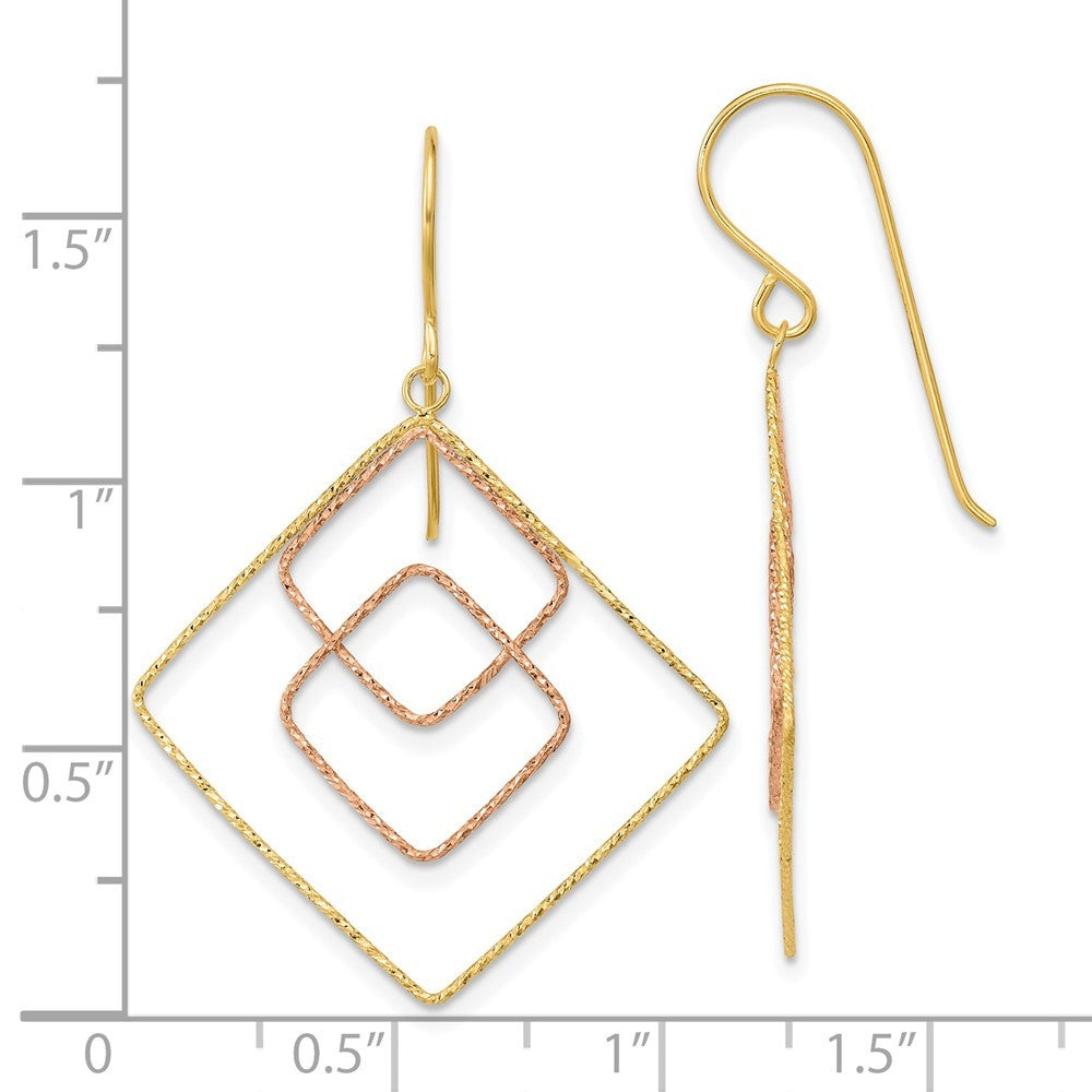 14k Two-tone Diamond-cut Graduated Square Drop Dangle Earrings w/ Shepherd Hook