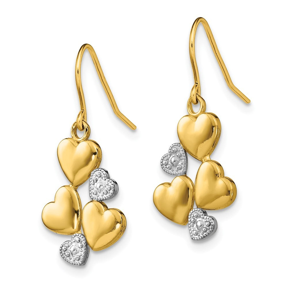 14k Yellow Gold w/Rhodium Polished Hearts Drop Dangle Earrings w/ Shepherd Hook