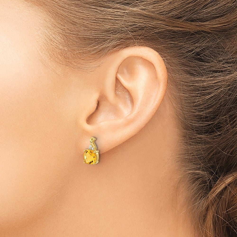 14k Yellow Gold Checkerboard Citrine and Diamond Drop & Dangle Earrings
