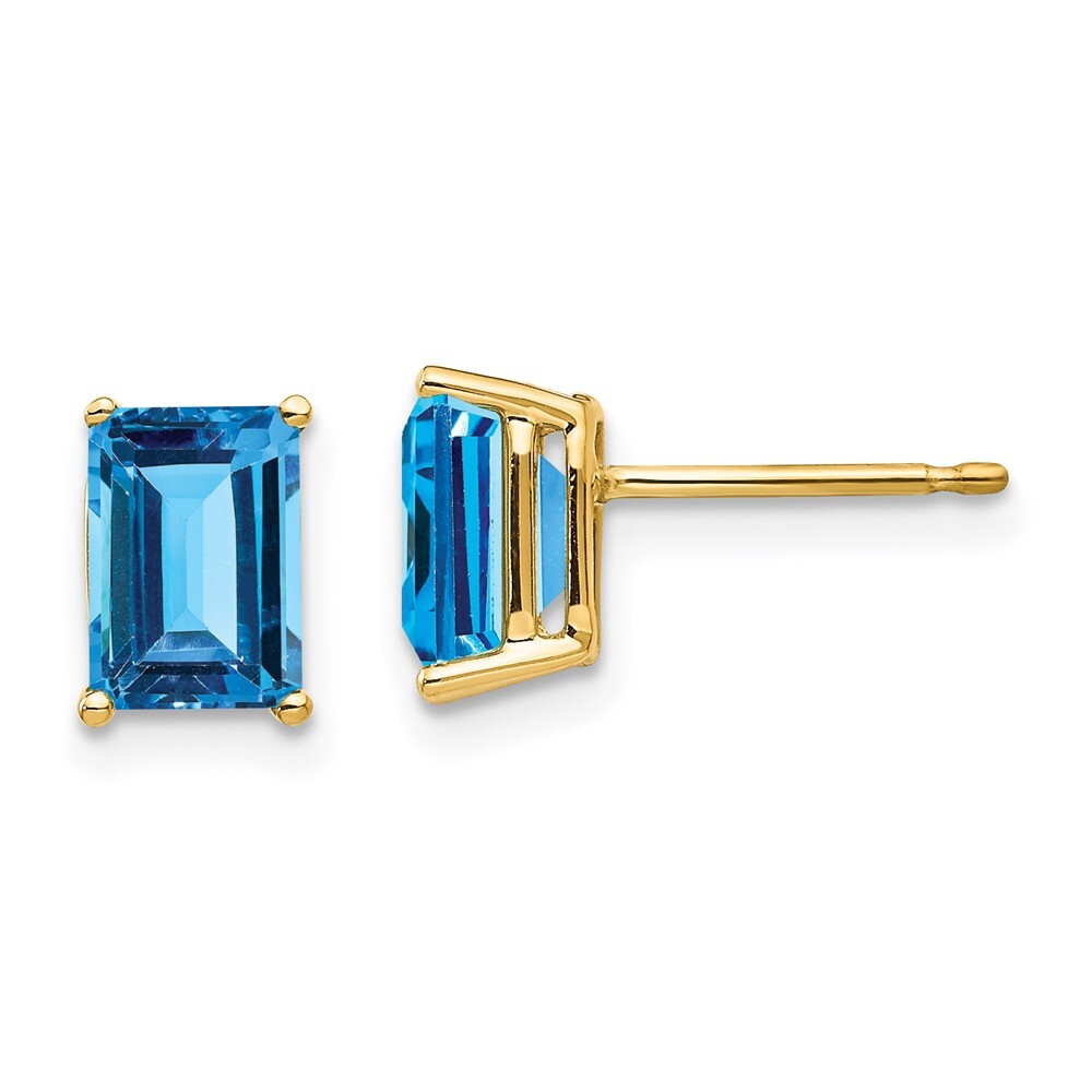 14k Yellow Gold 7x5mm Emerald Cut Blue Topaz Stud Earrings Gift for Women
