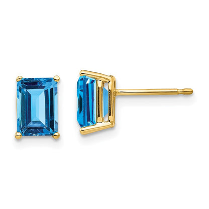 14k Yellow Gold 7x5mm Emerald Cut Blue Topaz Stud Earrings Gift for Women
