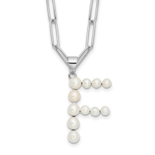 Sterling Silver 3-5.5mm White Button Cultured Pearl LETTER F Necklace 18"