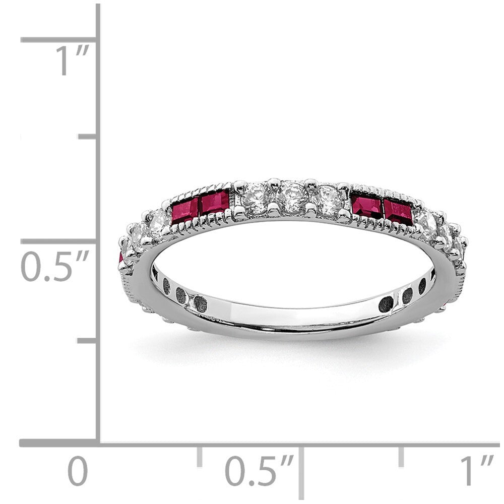 Sterling Silver Rhodium-plated Created Ruby and Round Cubic Zirconia Band Size 7