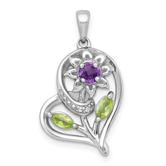 Sterling Silver Polished Amethyst, Peridot & White Topaz Flower in Heart Pendant