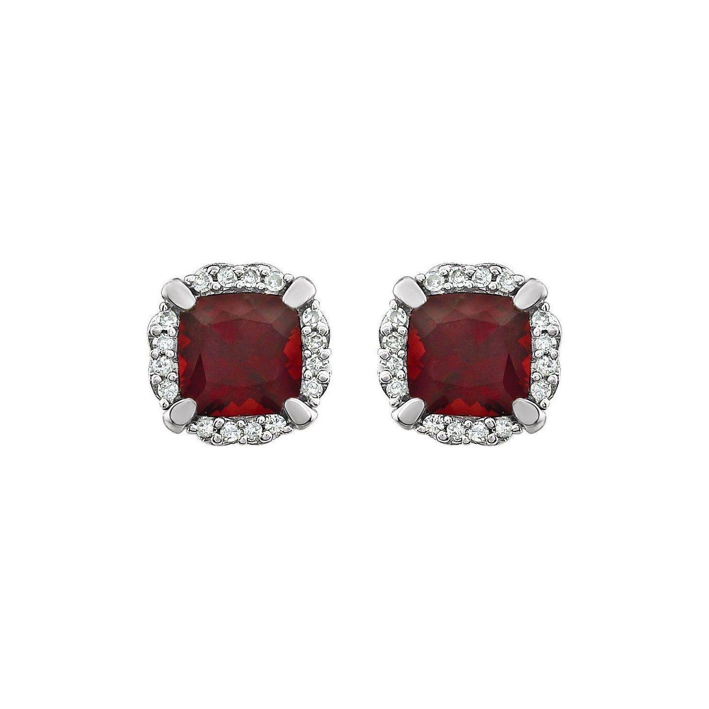 14k White Gold Mozambique Garnet and 1/10 CTW Diamond Stud Earrings