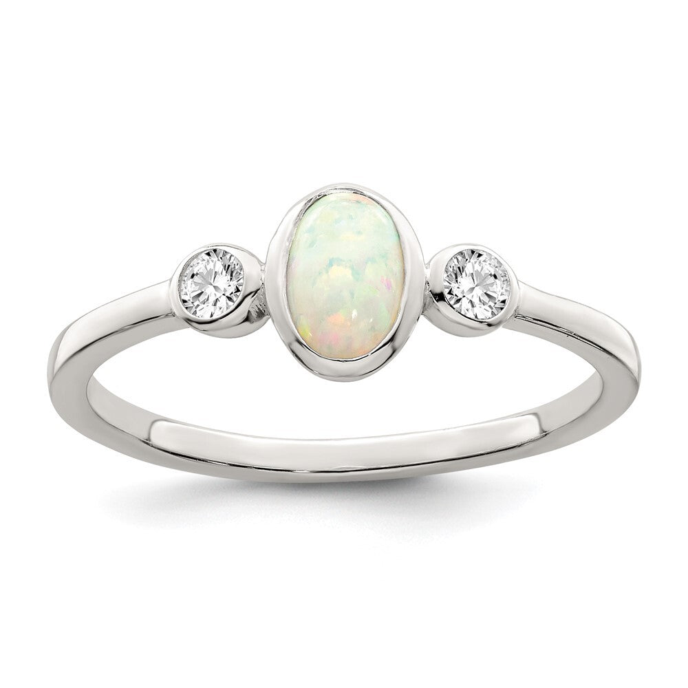 Sterling Silver Polished CZ and White Created Opal Ring Size 6