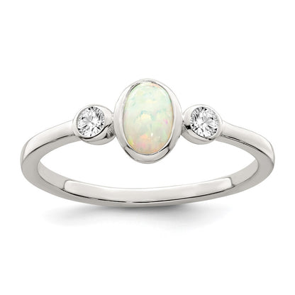 Sterling Silver Polished CZ and White Created Opal Ring Size 6