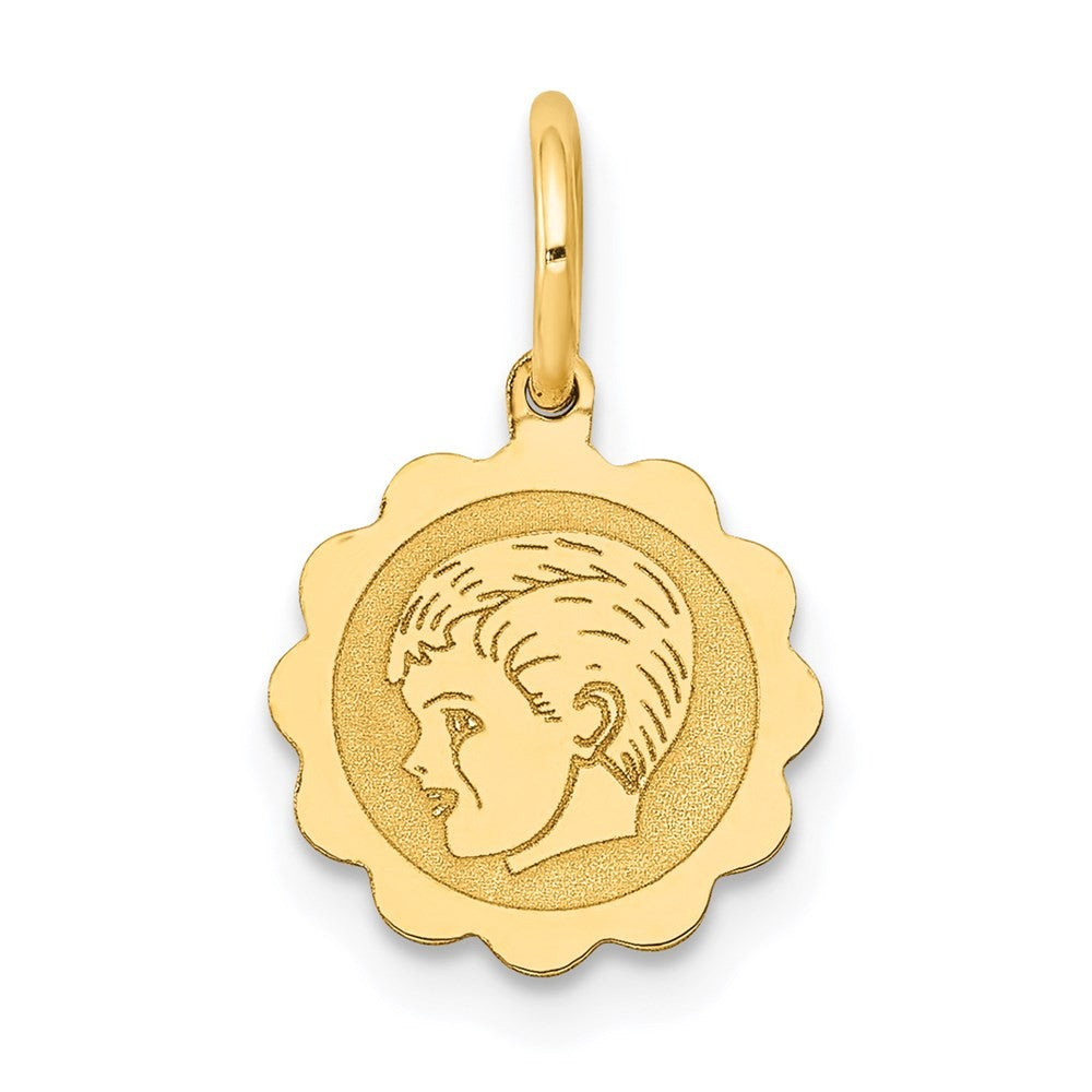 14k Yellow Gold Boy Head on .009 Gauge 10mm Engravable Scalloped Disc Charm