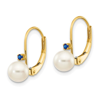 14k Yellow Gold 5-5.5mm Round FW Cultured Pearl Sapphire Leverback Earrings
