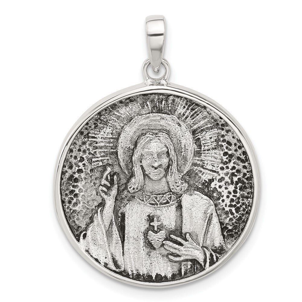 Sterling Silver Oxidized Sacred Heart of Jesus Reversible Medal Pendant