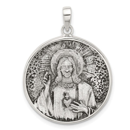 Sterling Silver Oxidized Sacred Heart of Jesus Reversible Medal Pendant