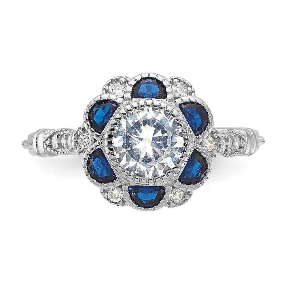 Sterling Silver Cubic Zirconia and Lab Cr. Blue Sapphire Flower Ring SZ 6