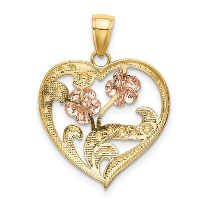14k Two-tone Gold  White Rhodium Flower Heart Charm Pendant for Women