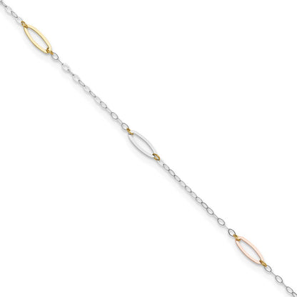 14K Tri-color Oval Link 5-Station 10" Anklet