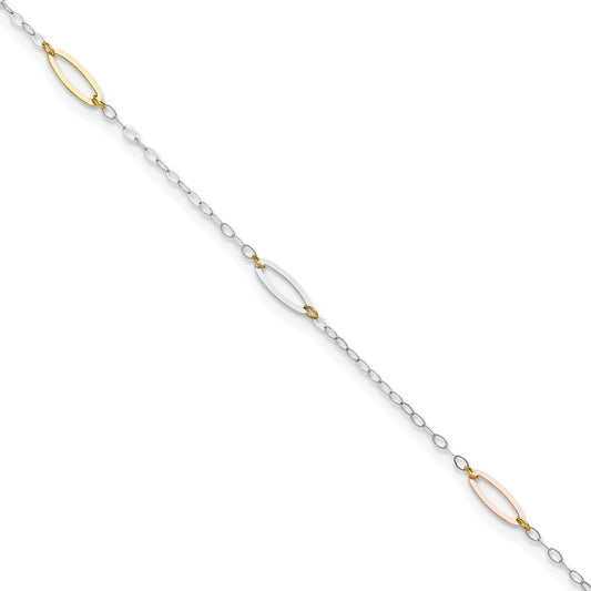 14K Tri-color Oval Link 5-Station 10" Anklet