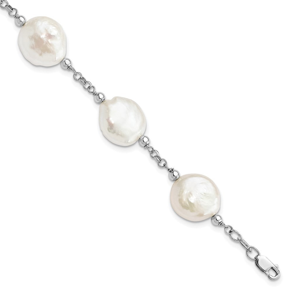 Sterling Silver 12-13mm White Coin Cultured Pearl 6-Station 7.5" Bracelet