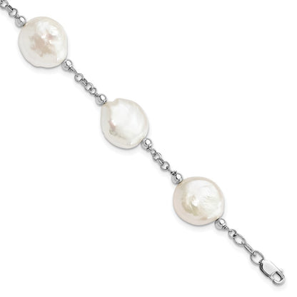 Sterling Silver 12-13mm White Coin Cultured Pearl 6-Station 7.5" Bracelet