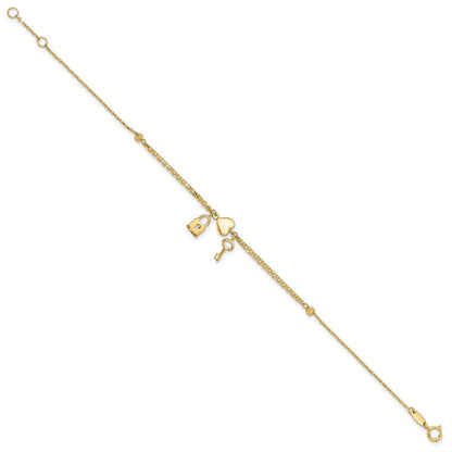 14k Yellow Gold Diamond-cut Heart Lock and Key 7" Bracelet Plus 0.5" Extender