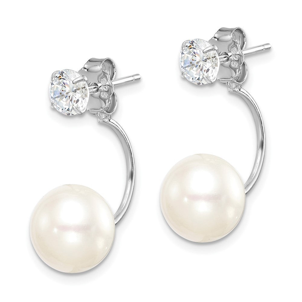 Sterling Silver 9mm Freshwater Cultured Pearl & CZ Front & Back Dangle Earrings