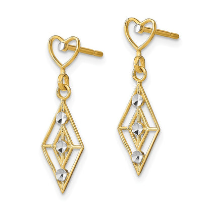 14k Yellow Gold RH Dia.-cut Diamond Shape Heart Dangle Earrings Gift for Women