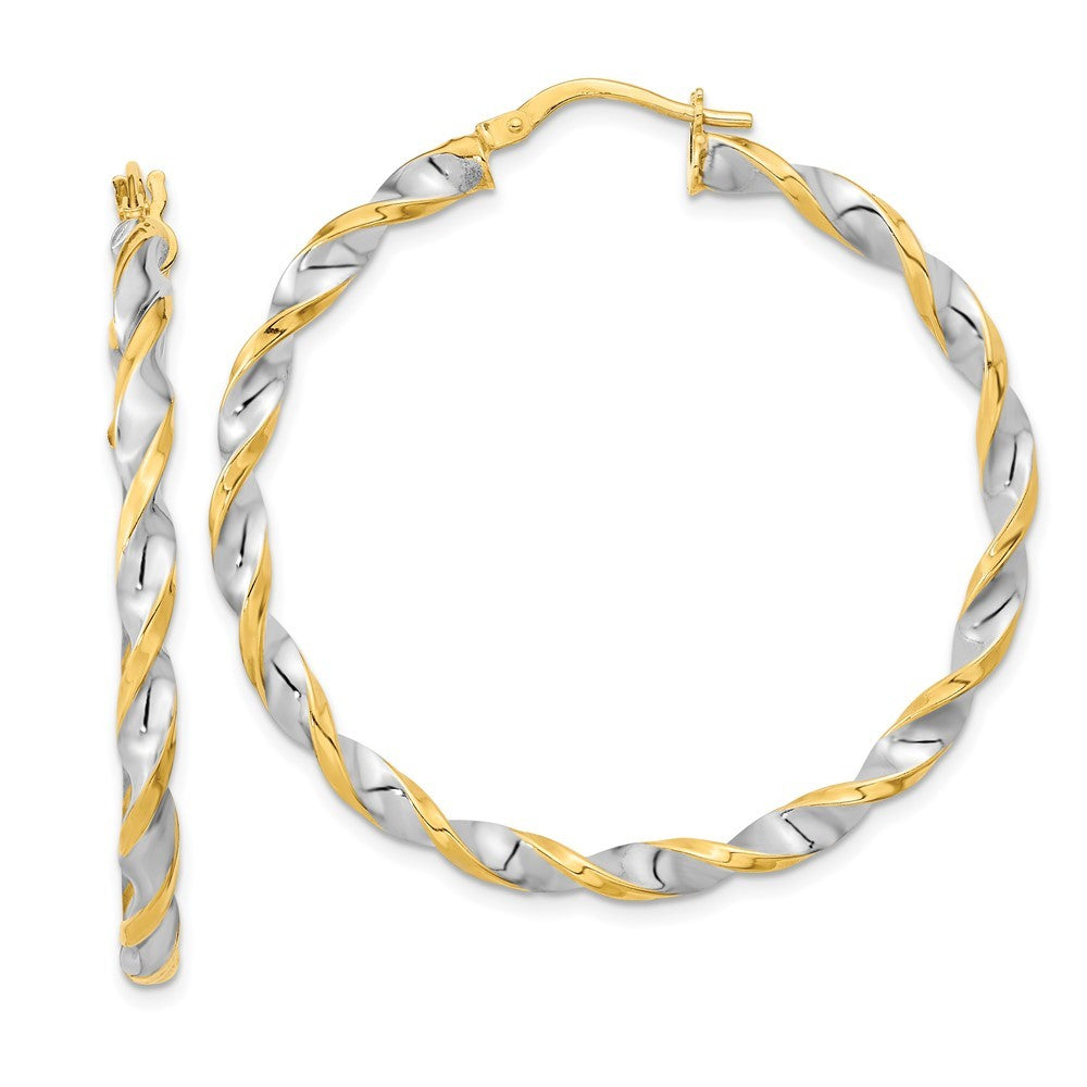14k Yellow Gold & White Rhodium Polished & Twist Hoop Earrings