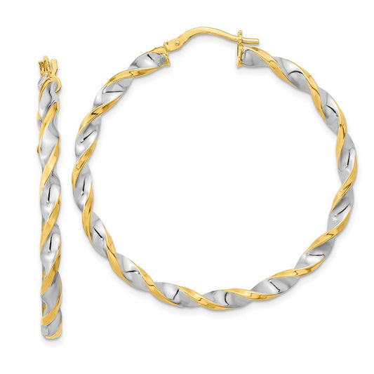 14k Yellow Gold & White Rhodium Polished & Twist Hoop Earrings