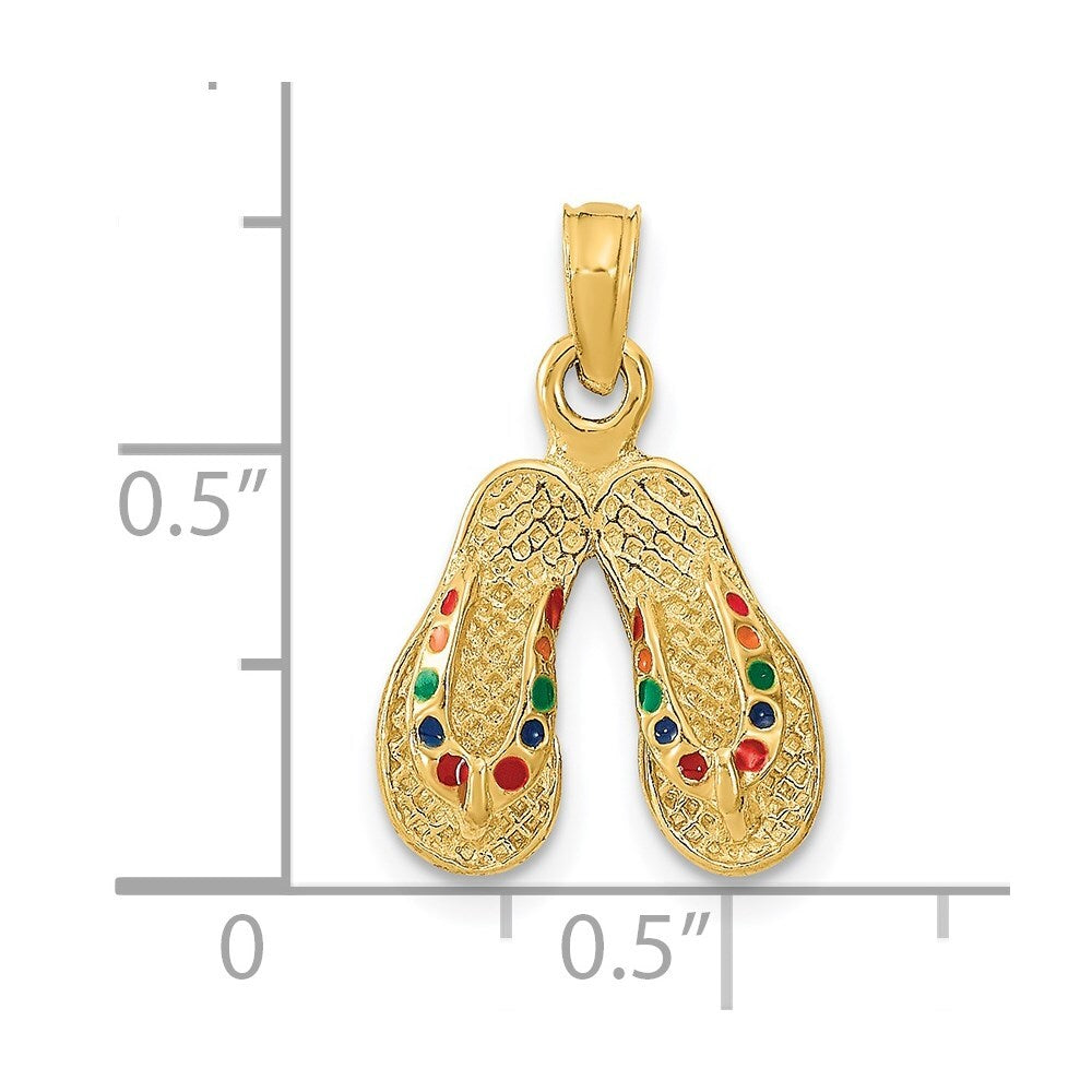 14k Yellow Gold 3D  Multi-Color Enamel Double Flip-Flop Charm Pendant
