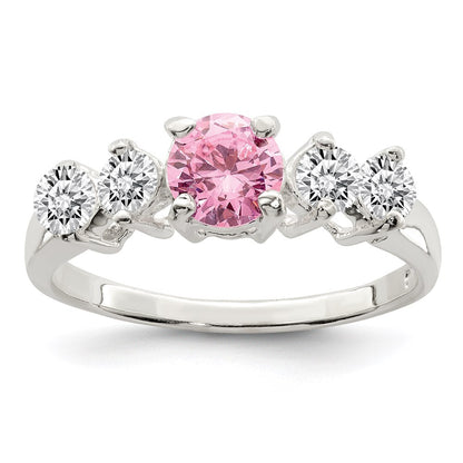 Sterling Silver Pink Round Cubic Zirconia w/Side Stones Ring Size 7