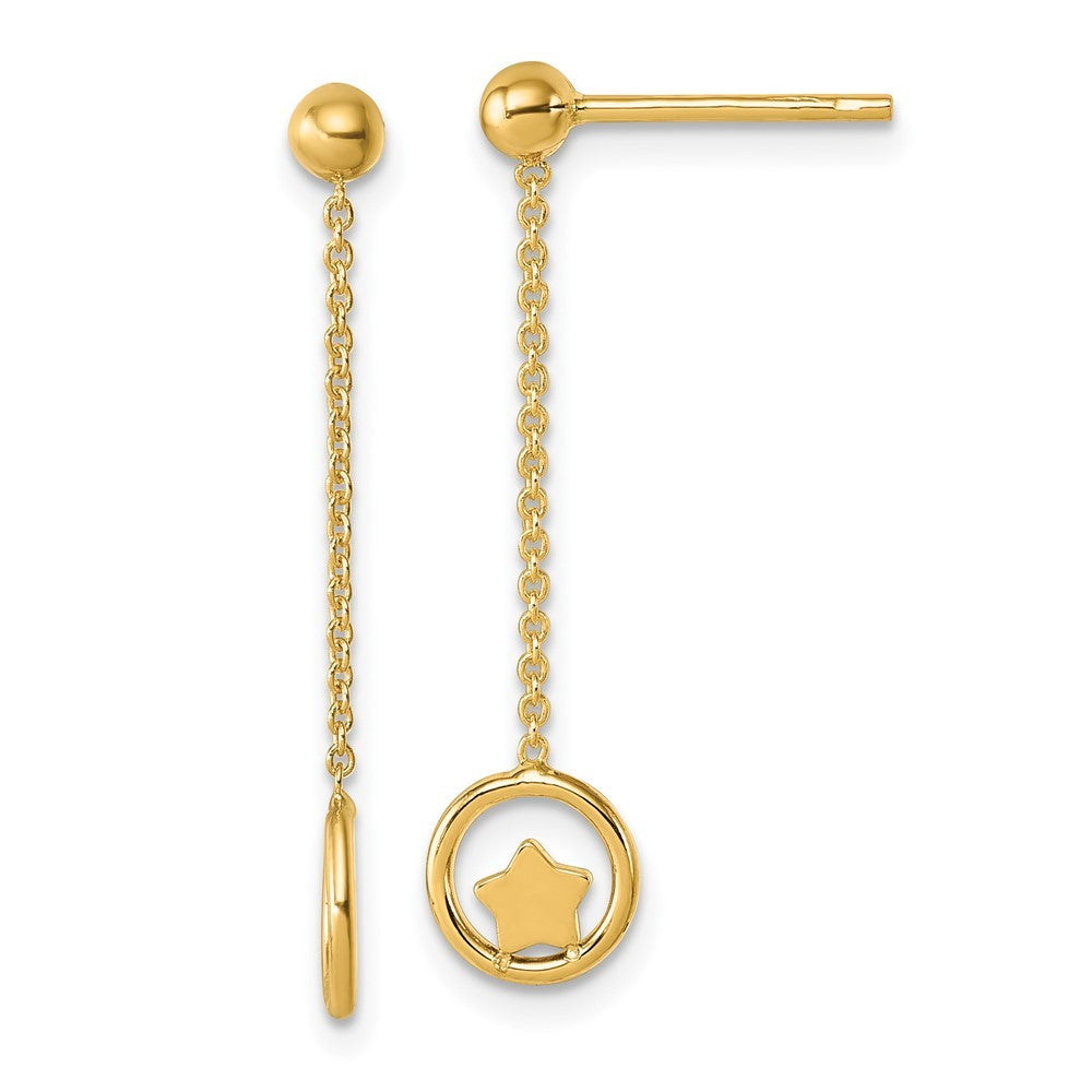 14k Yellow Gold Polished Star in Circle with Chain Dangle Earrings