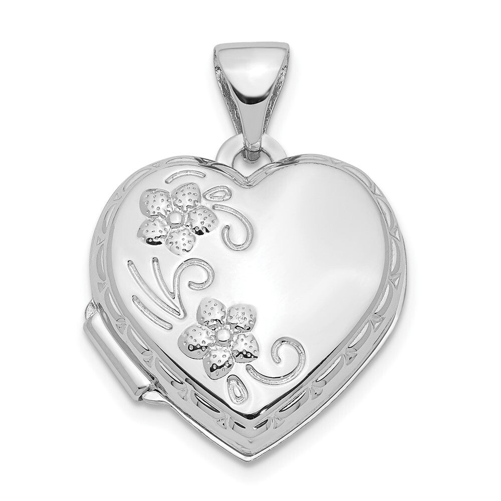 14k White Gold Polished Reversible Floral Heart Locket Pendant for Women