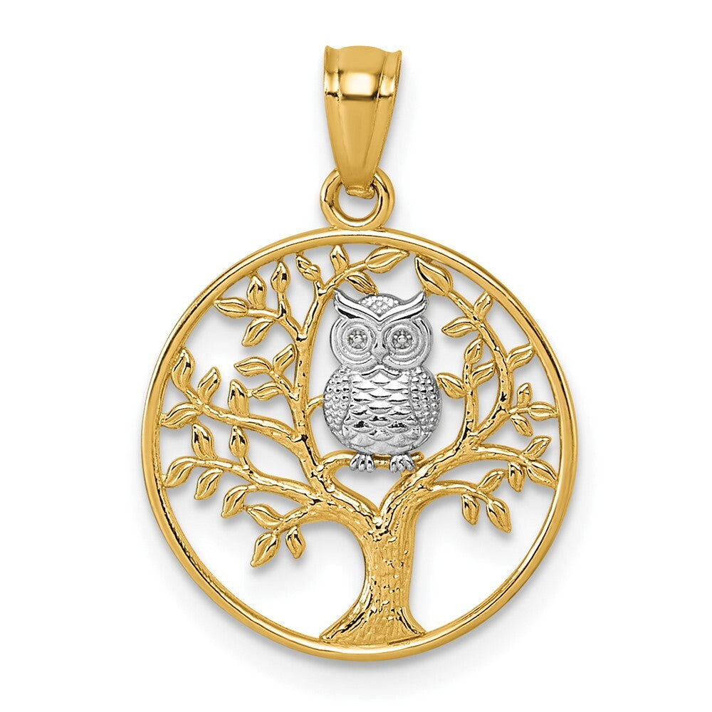 14k Yellow Gold and Rhodium Textured Owl Sitting In Tree In Circle Pendant
