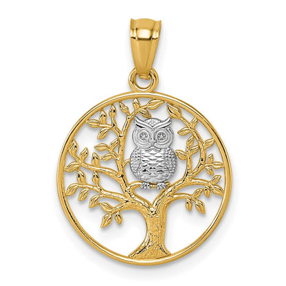 14k Yellow Gold and Rhodium Textured Owl Sitting In Tree In Circle Pendant
