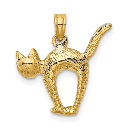 14k Yellow Gold 3-D Textured Arch Back and Raised Tail Cat Charm Pendant