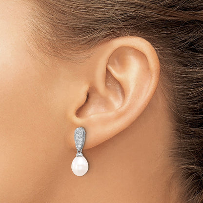 Sterling Silver 8-9mm Teardrop Freshwater Cultured Pearl and CZ Dangle Earrings