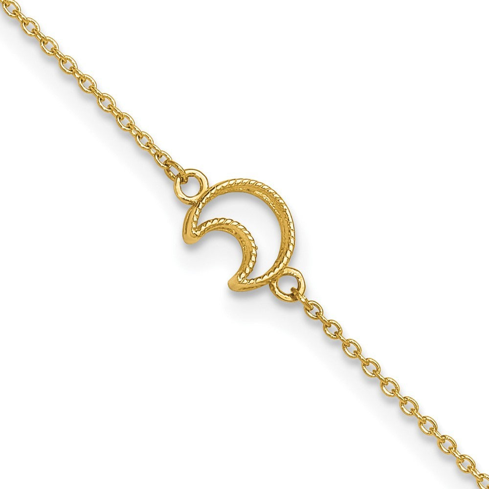 14k Yellow Gold Textured and Polished Crescent Moon 10" Anklet