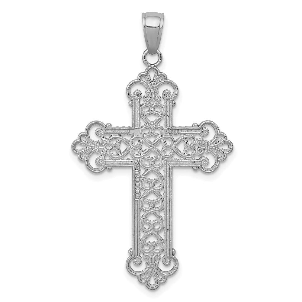 14k White Gold Polished Large Rope Frame Filigree Cross Pendant for Women