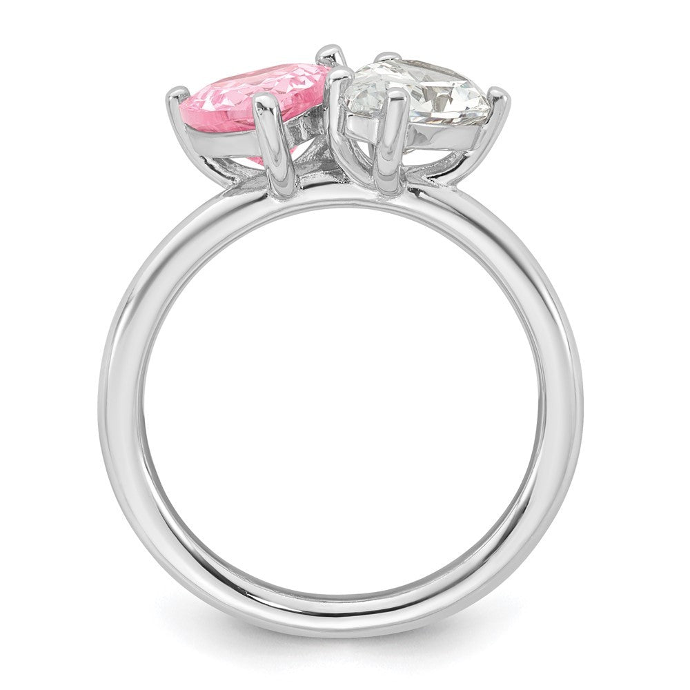 Sterling Silver Rhodium-plated  Heart Pink and Pear-shaped White CZ Size 7 Ring