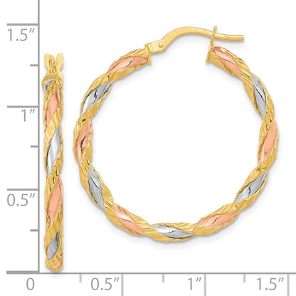14k Yellow Gold with Rose and White Rhodium Textured Twisted Hoop Earrings