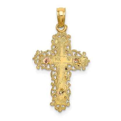 14k Two-tone Gold Cross  Lace Trim Charm Pendant for Women