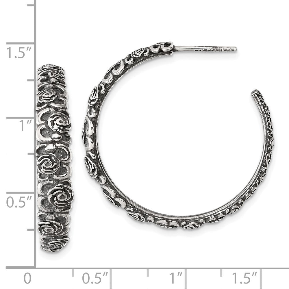 Sterling Silver Antiqued Graduated Floral 5.75 x 32mm C-Hoop Earrings