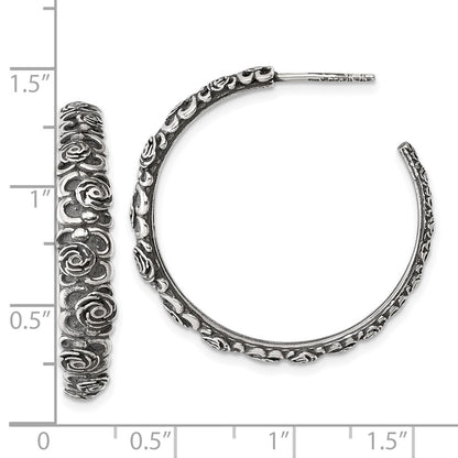 Sterling Silver Antiqued Graduated Floral 5.75 x 32mm C-Hoop Earrings