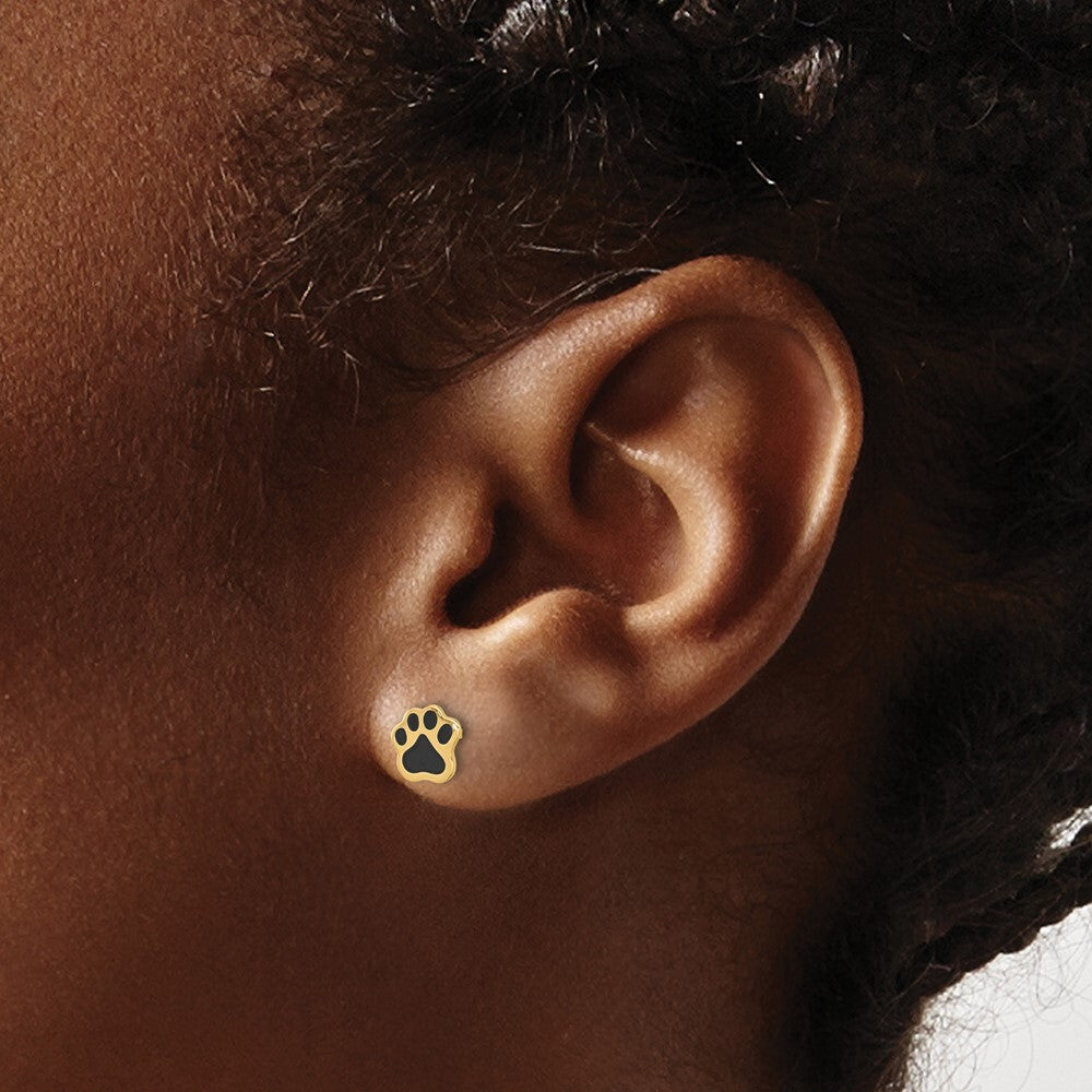 14k Yellow Gold Polished Paw with Black Enamel Stud Earrings Gift for Women