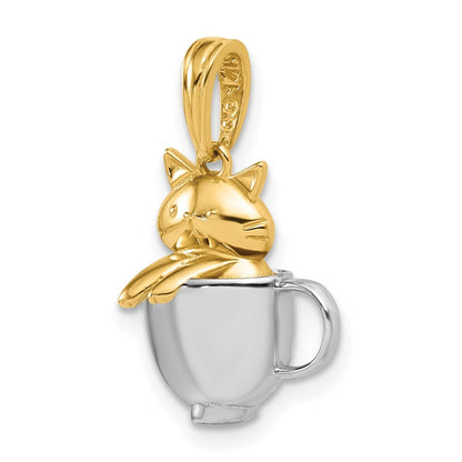 14k Yellow Gold with White Rhodium Polished 3-D Cat In Mug Charm Pendant