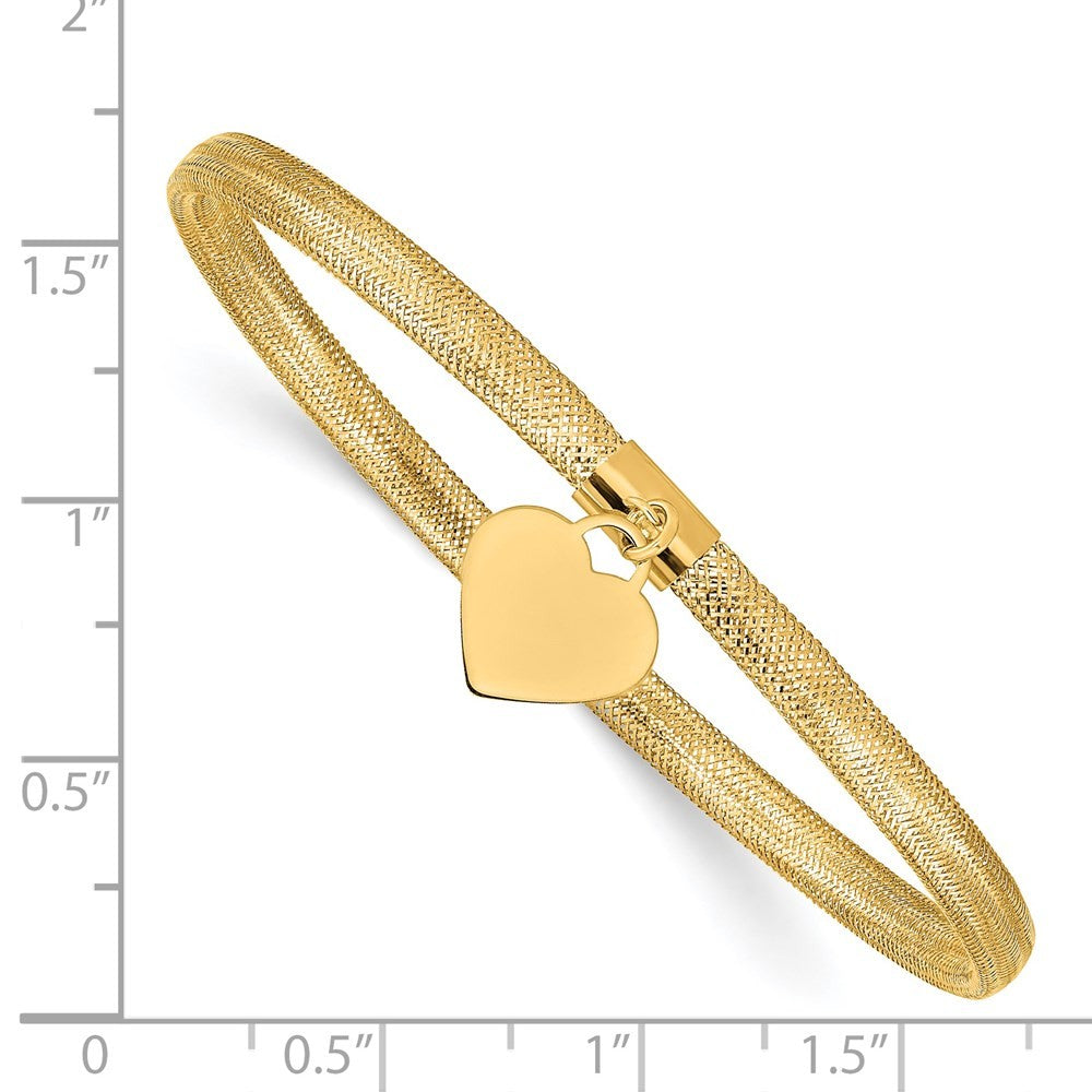 14k Yellow Gold 4mm Heart Dangle Woven Mesh Slip-on Stretch Bracelet