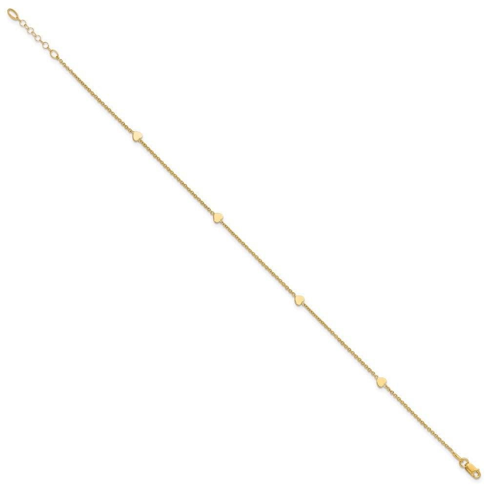 14k Yellow Gold Polished Hearts 4-Station 11" Anklet
