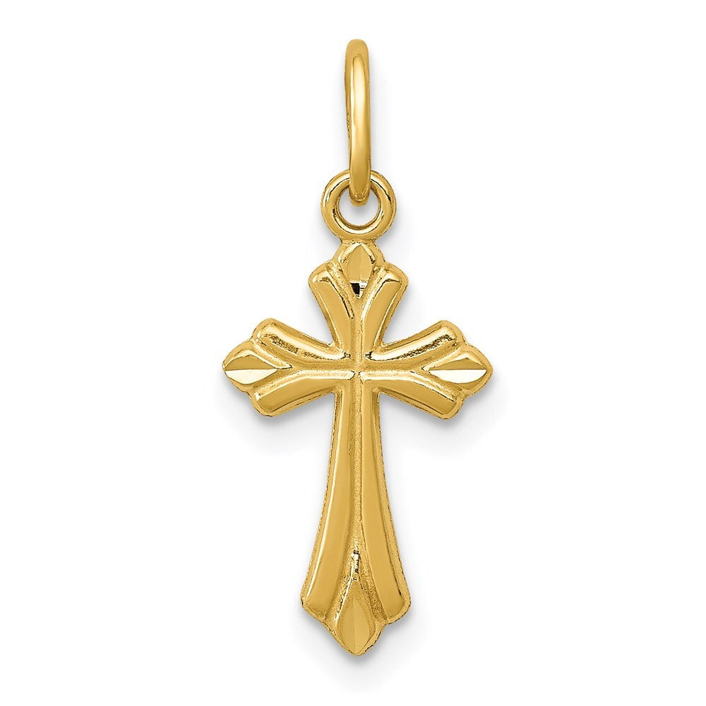 14k Yellow Gold Polished Diamond-Cut Small Cross Charm Pendant for Women