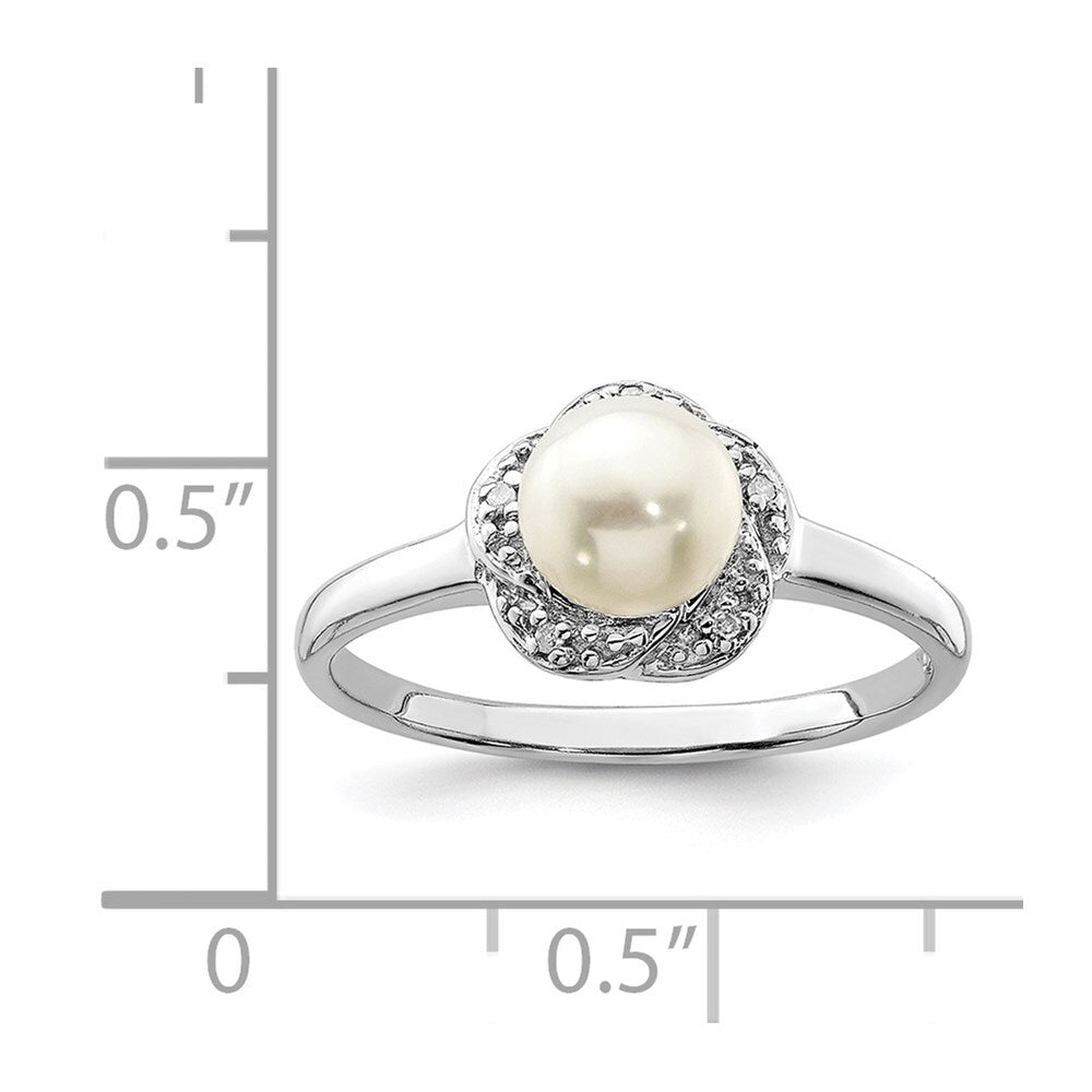 Sterling Silver Rhodium 6mm FW Cultured Button Pearl & Diamond Ring Size 8