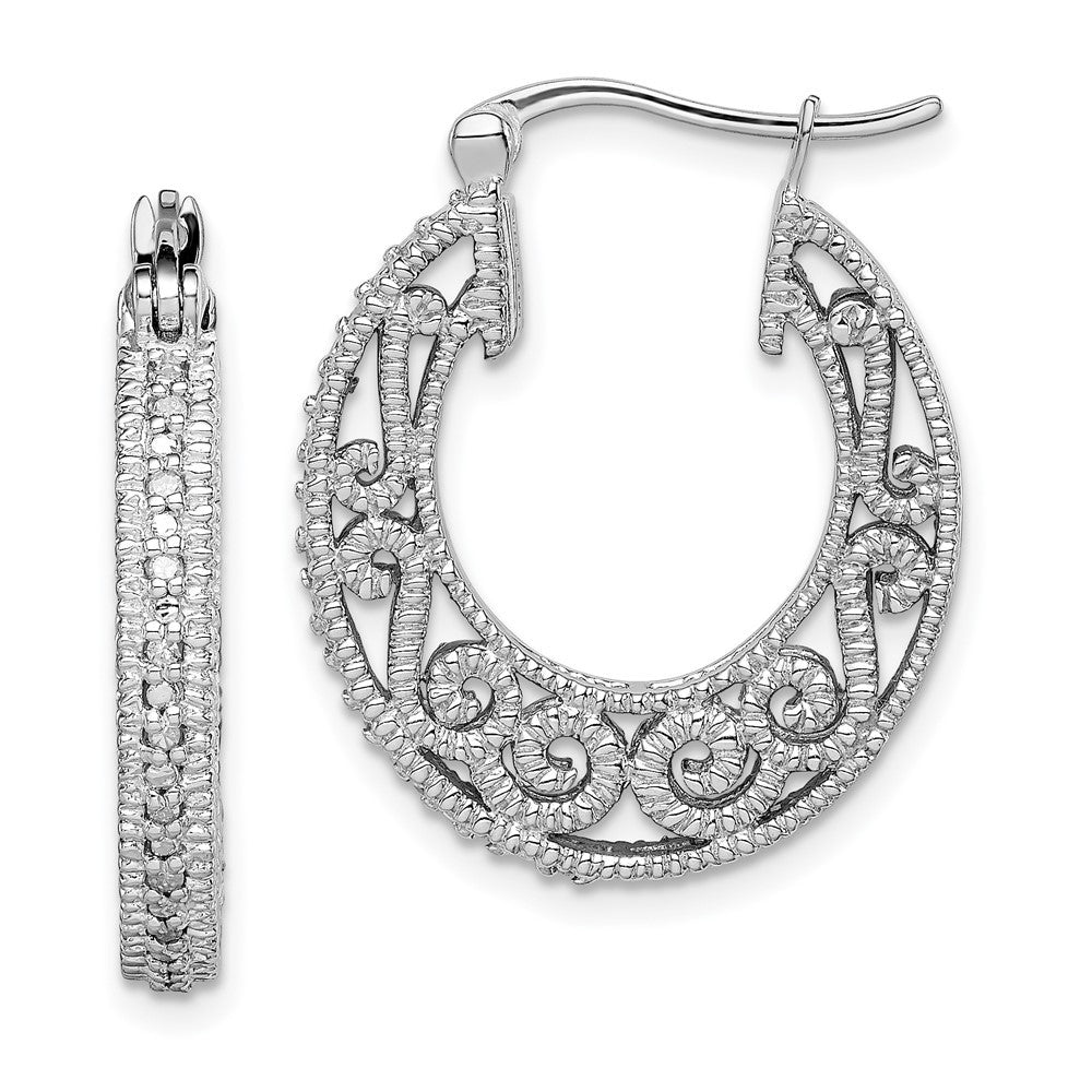 Sterling Silver Rhodium Diamond Hinged Hoop Earrings