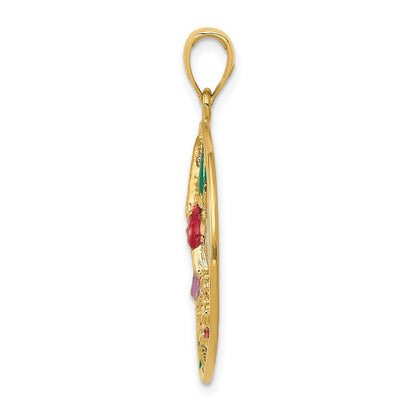 14k Yellow Gold Enameled Hummingbird and Flower in Circle Pendant