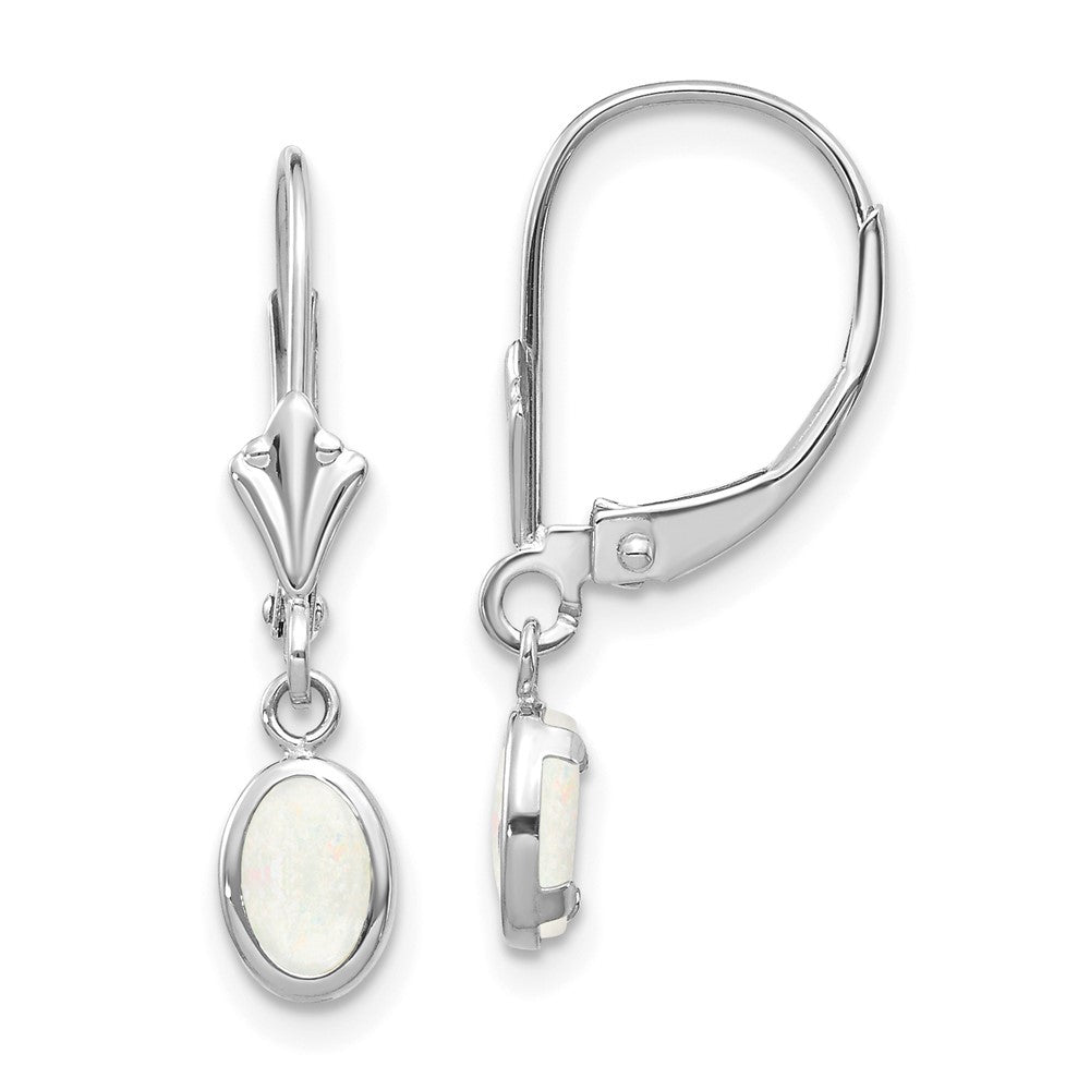 14k White Gold 6x4 Oval Bezel Opal Drop Dangle Earrings